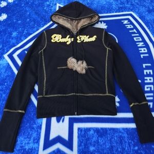 Vintage Y2K Baby Phat zip-up hoodie black and gold color faux-fur trim size L